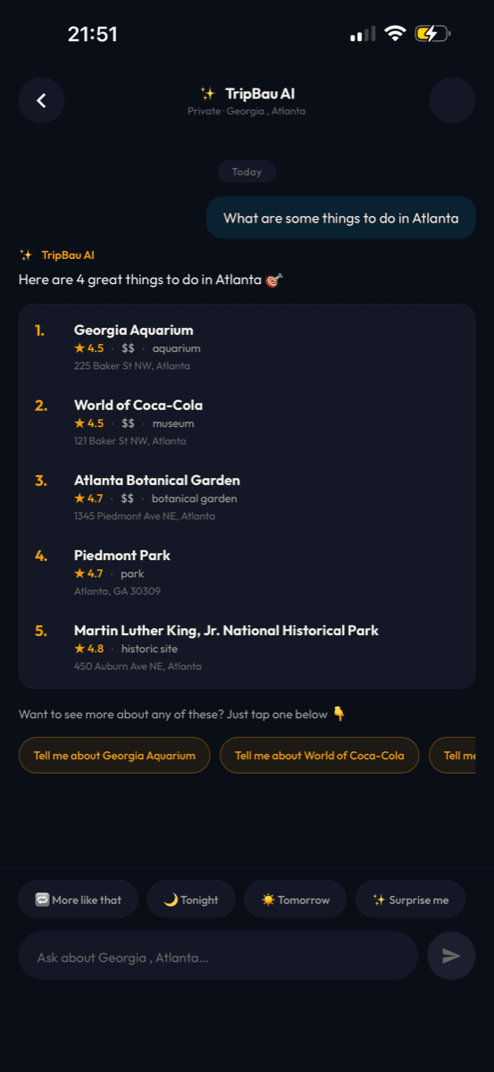 TripBau AI answering “things to do in Atlanta” with ranked, rated real places