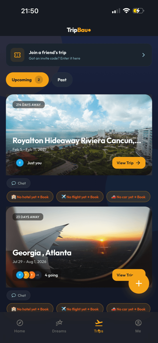 Planning trips in TripBau — the trip list, solo or with a crew